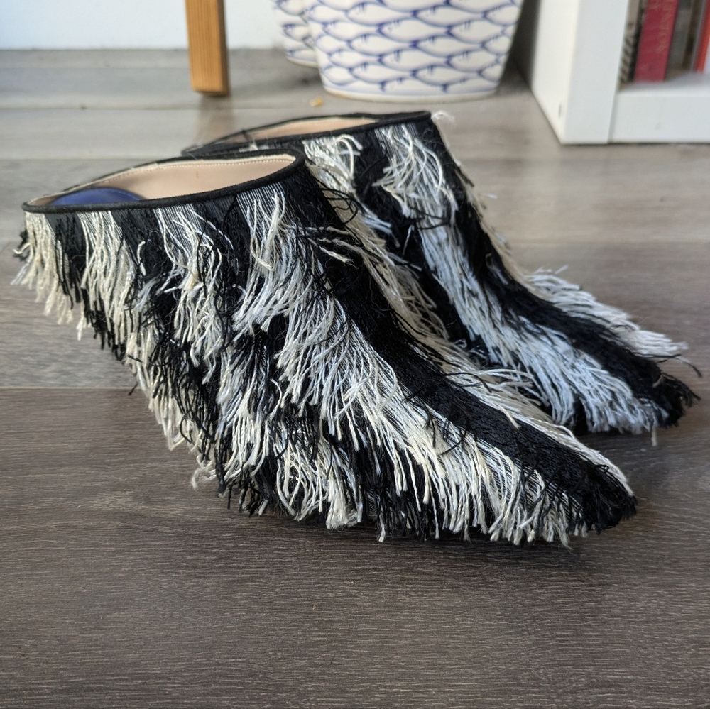 Stuart Weitzman Black and White Fringe Mules - Size 8